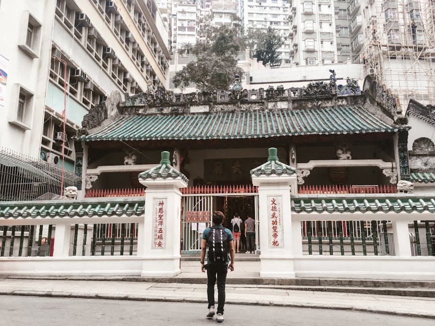 Backpacker visiting the historic Man Mo Temple on Hong Kong Island, surrounded by skyscrapers.