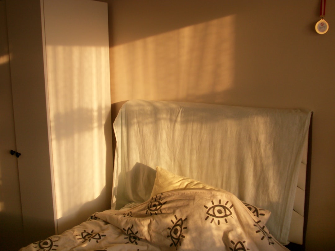 Warm sunlight streams into a bedroom with a bed.