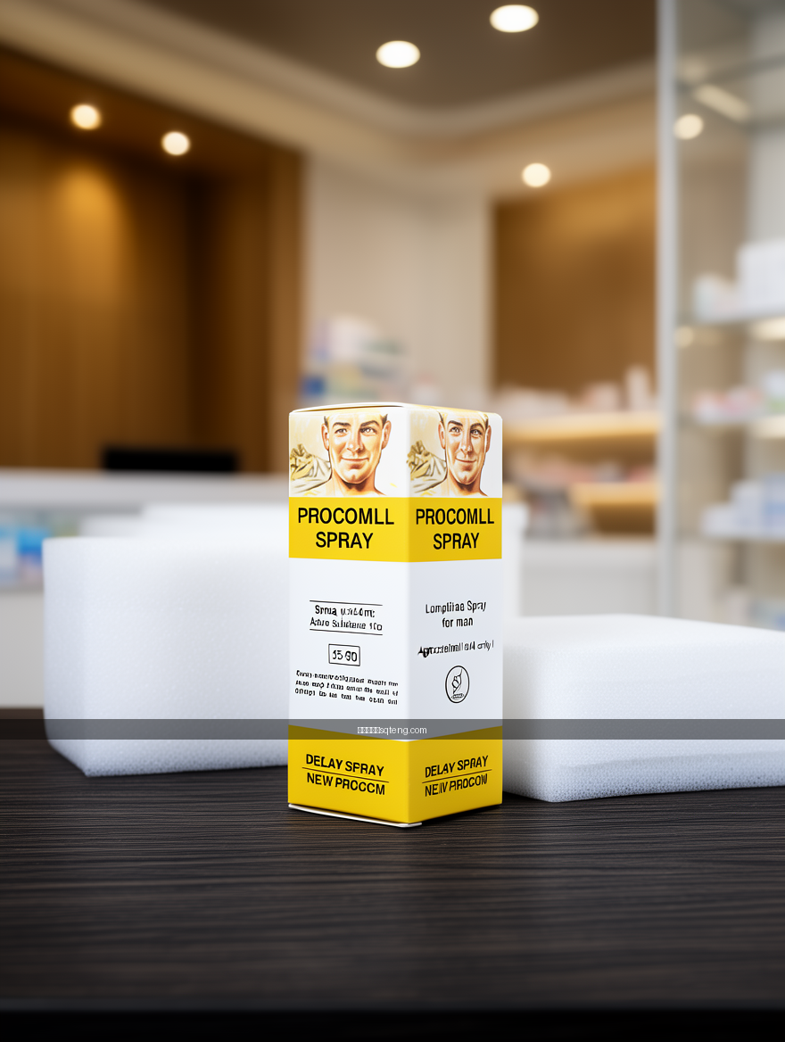 Luxury scene product photography. Place the Procomll Spray Delay Spray (Approxim